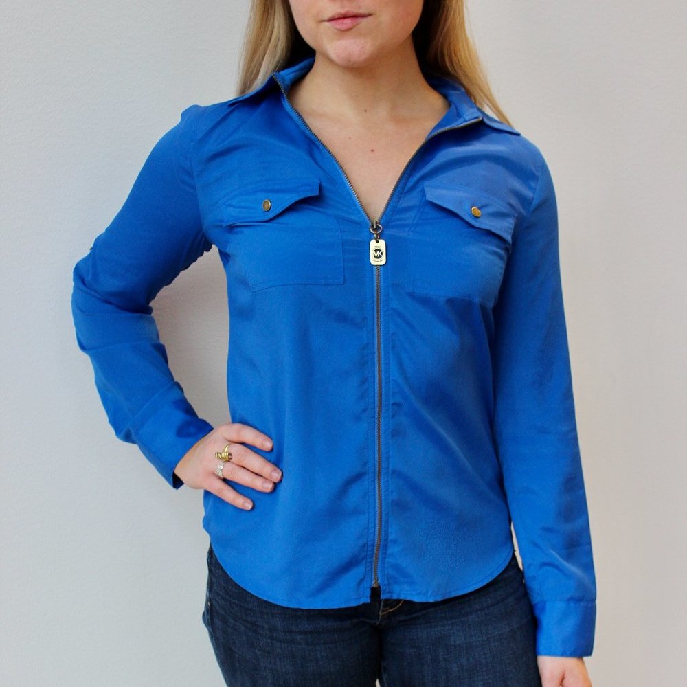 Michael Kors Long Sleeve Semi Sheer Zip - Blue